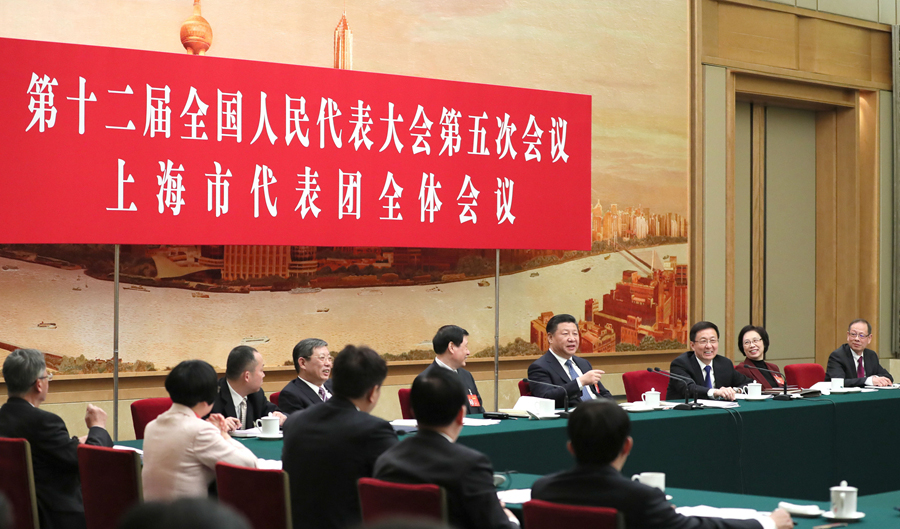 3月5日,中共中央总书记、国家主席、中央军委主席习近平参加十二届全国人大五次会议上海代表团的审议。
