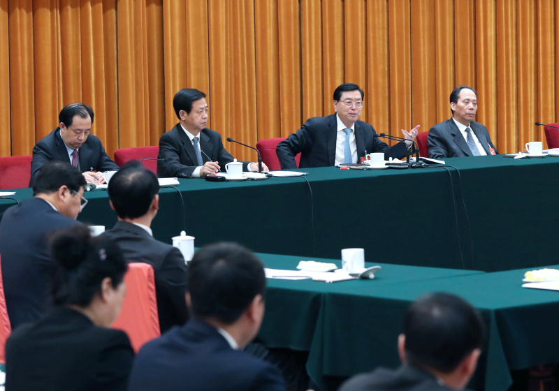 3月8日,中共中央政治局常委、全国人大常委会委员长张德江参加十二届全国人大五次会议黑龙江代表团的审议。
